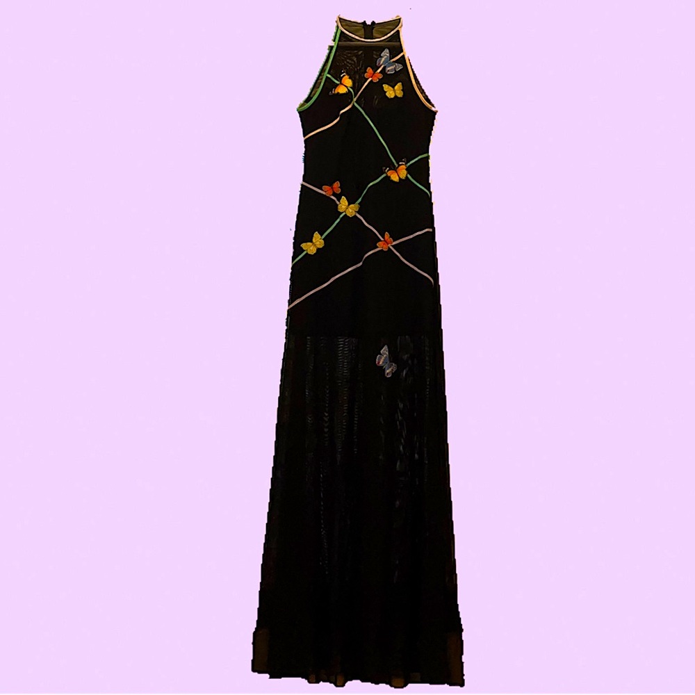 1990s Mesh Tadashi Gown size small vintage 90s butterfly embroidery appliqués